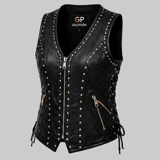Gulposh Women's Multi-Row Studded Leather Biker Vest
