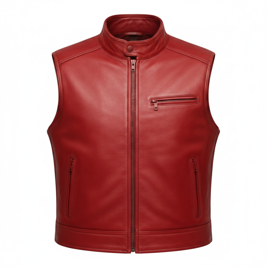 Men's Stand-Collar Leather Biker Vest (with Horizontal Chest Zip)