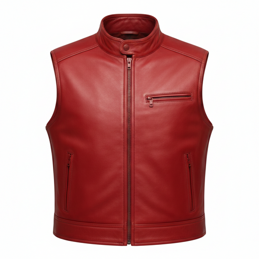 Men's Stand-Collar Leather Biker Vest (with Horizontal Chest Zip)