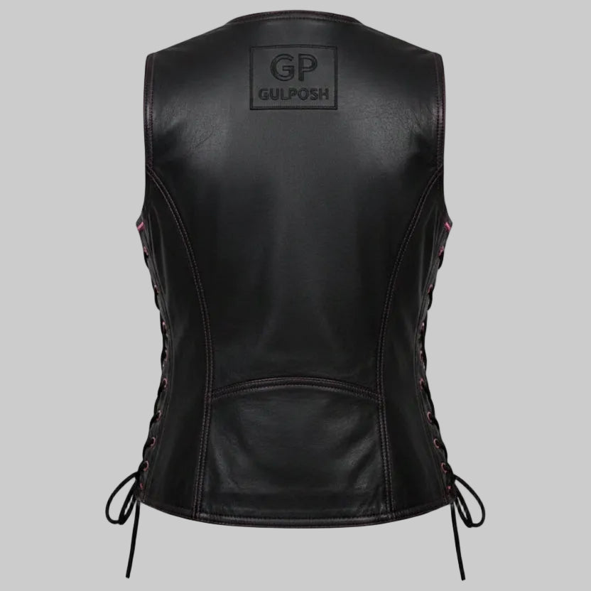 Gulposh Women's Pink-Piping & Accent Zipper Leather Biker Vest