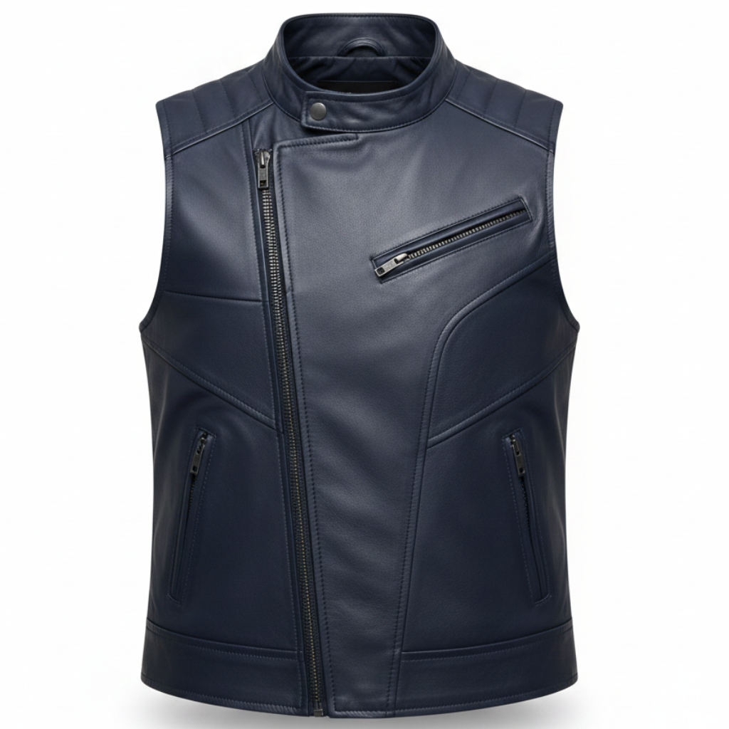 Men's Asymmetric-Zip Leather Biker Vest (with Diagonal Panel Stitching)