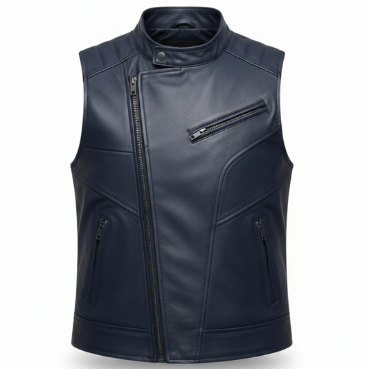 Men's Asymmetric-Zip Leather Biker Vest (with Diagonal Panel Stitching)