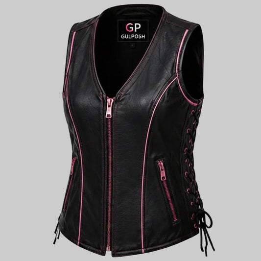 Gulposh Women's Pink-Piping & Accent Zipper Leather Biker Vest