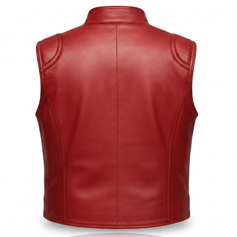 Men's Stand-Collar Leather Biker Vest (with Horizontal Chest Zip)