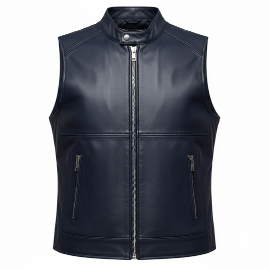 Men's Asymmetric-Zip Leather Biker Vest (with Diagonal Panel Stitching)