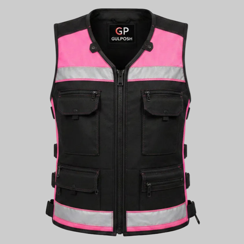Gulposh Women's Hi-Vis Reflective Multi-Pocket Tactical Vest (Black & Pink)