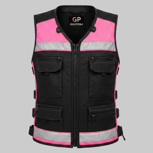 Gulposh Women's Hi-Vis Reflective Multi-Pocket Tactical Vest (Black & Pink)
