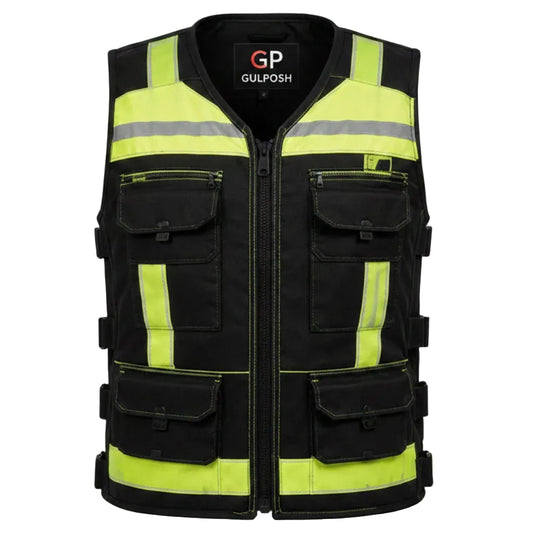 Gulposh Men's Hi-Vis Reflective Multi-Pocket Tactical Vest (Black & Lime Green)