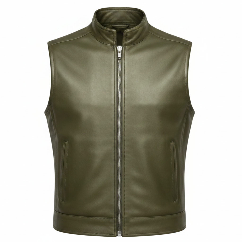 Men's Minimalist Stand-Collar Leather Vest (Olive Green)