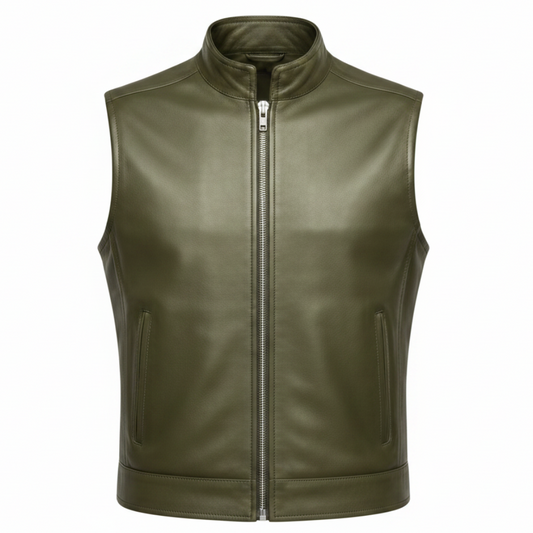Men's Minimalist Stand-Collar Leather Vest (Olive Green)