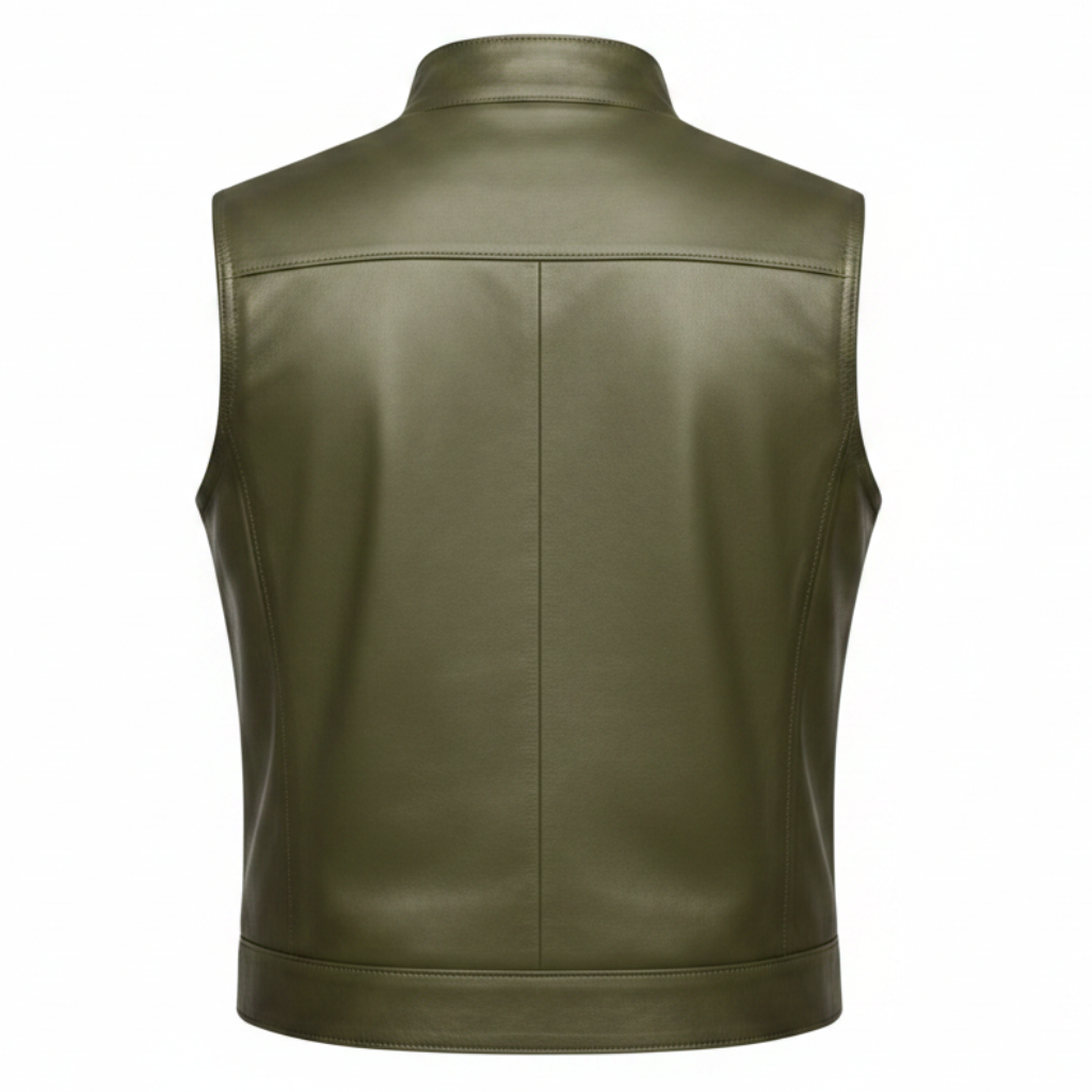 Men's Minimalist Stand-Collar Leather Vest (Olive Green)