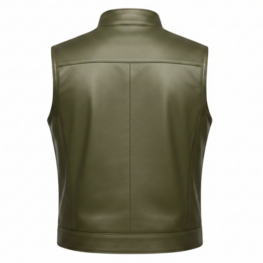 Men's Minimalist Stand-Collar Leather Vest (Olive Green)
