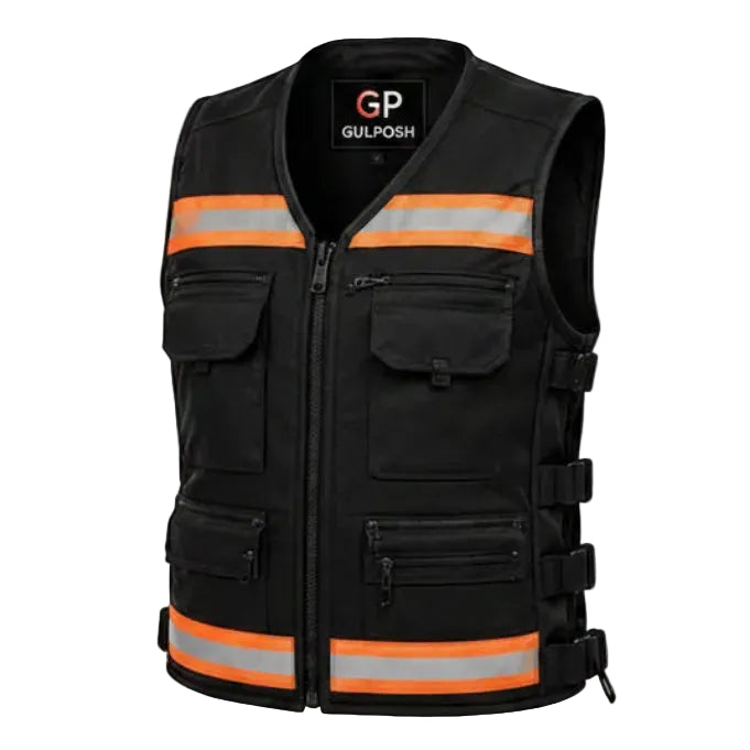 Gulposh Men's Hi-Vis Reflective Multi-Pocket Tactical Vest (Black & Blaze Orange)