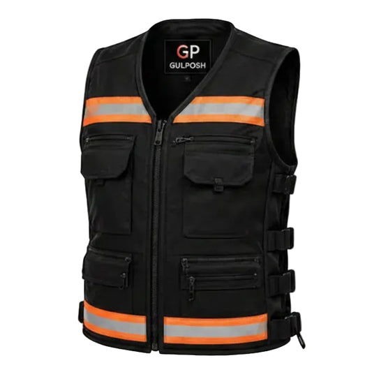 Gulposh Men's Hi-Vis Reflective Multi-Pocket Tactical Vest (Black & Blaze Orange)