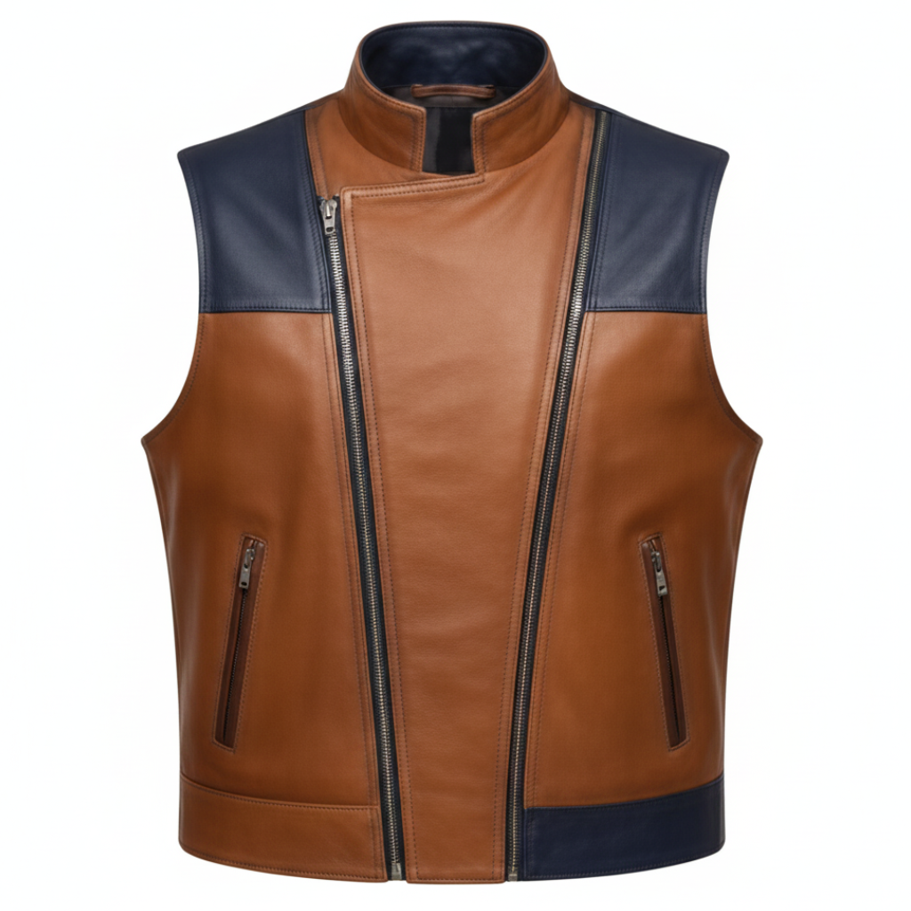 Men's Dual-Zip Two-Tone Leather Moto Vest (Wolverine-Inspired Panel Styling)