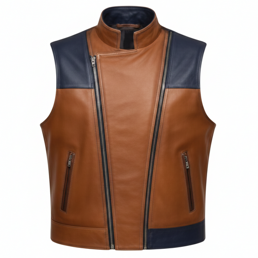 Men's Dual-Zip Two-Tone Leather Moto Vest (Wolverine-Inspired Panel Styling)