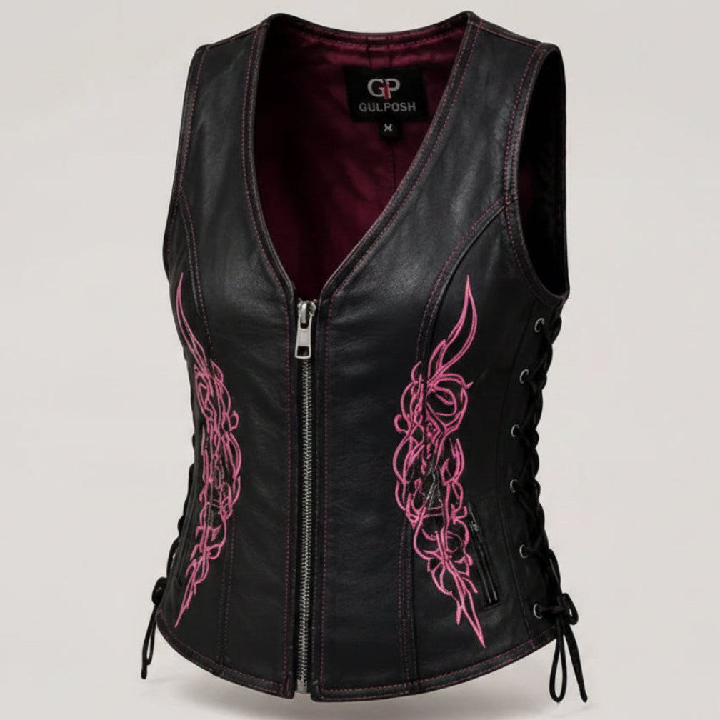 Gulposh Women's Pink Tribal Embroidered Leather Biker Vest