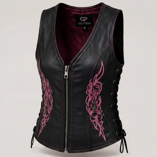 Gulposh Women's Pink Tribal Embroidered Leather Biker Vest