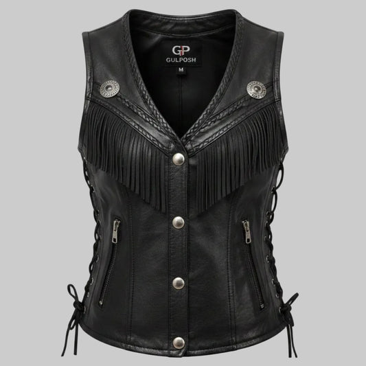 Gulposh Women's Western Fringed Concho Leather Biker Vest