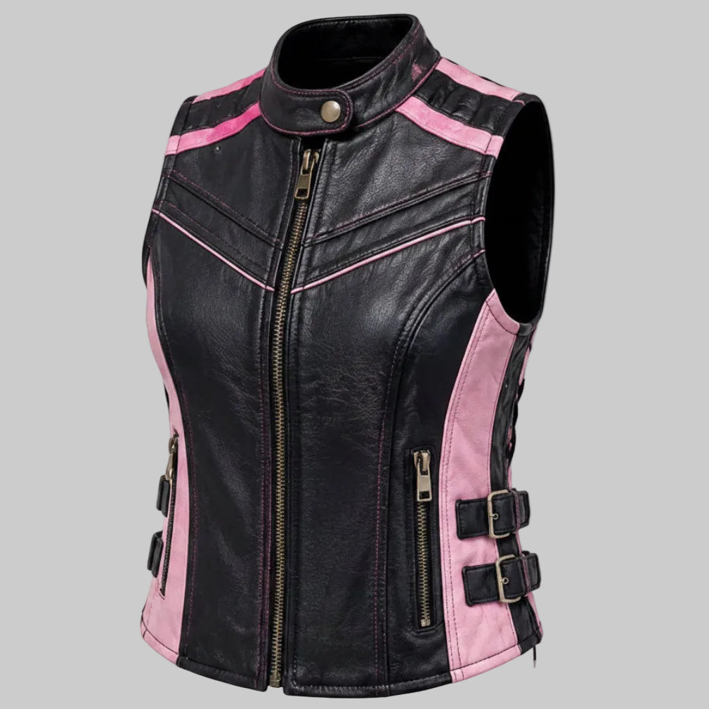 Gulposh Women's Cafe Racer Pink-Paneled Side-Buckle Leather Vest