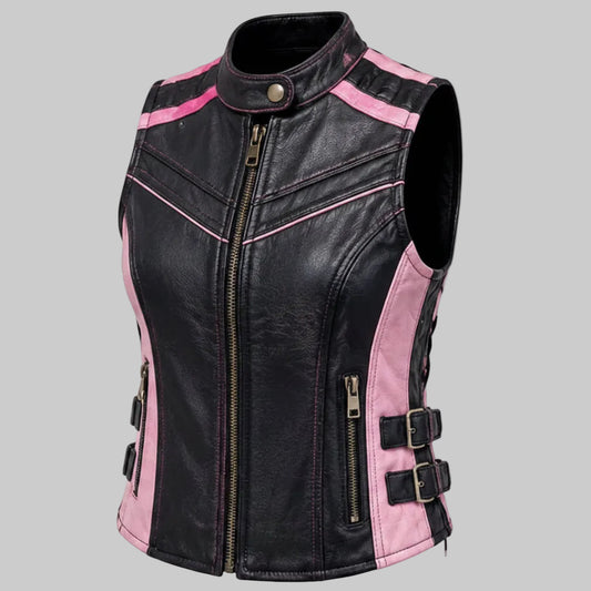 Gulposh Women's Cafe Racer Pink-Paneled Side-Buckle Leather Vest