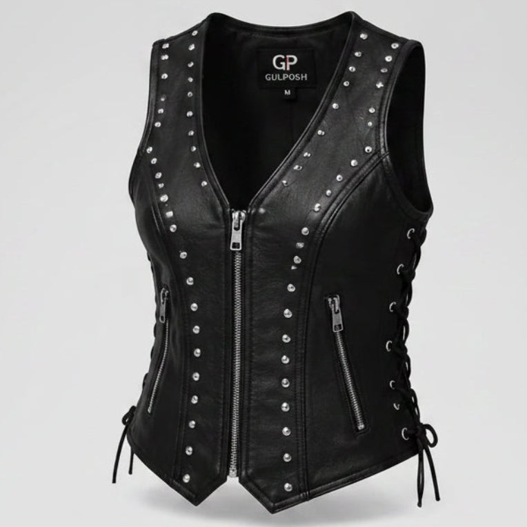 Gulposh Women's Metal-Studded Corset-Style Leather Biker Vest
