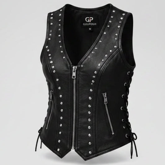 Gulposh Women's Metal-Studded Corset-Style Leather Biker Vest