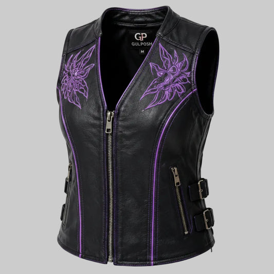 Gulposh Women's Purple Tribal Embroidered Side-Buckle Leather Vest