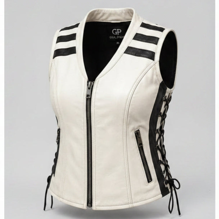 Gulposh Women's Dual-Tone Striped Leather Biker Vest (White & Black)