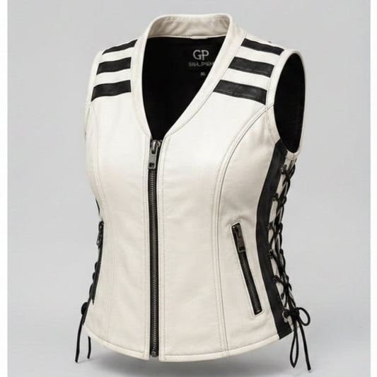 Gulposh Women's Dual-Tone Striped Leather Biker Vest (White & Black)