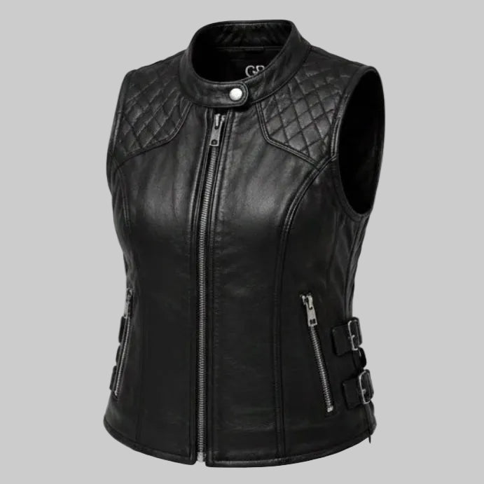 Gulposh Women's Quilted Shoulder Side-Buckle Leather Biker Vest