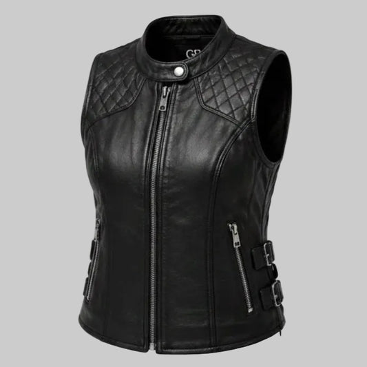 Gulposh Women's Quilted Shoulder Side-Buckle Leather Biker Vest