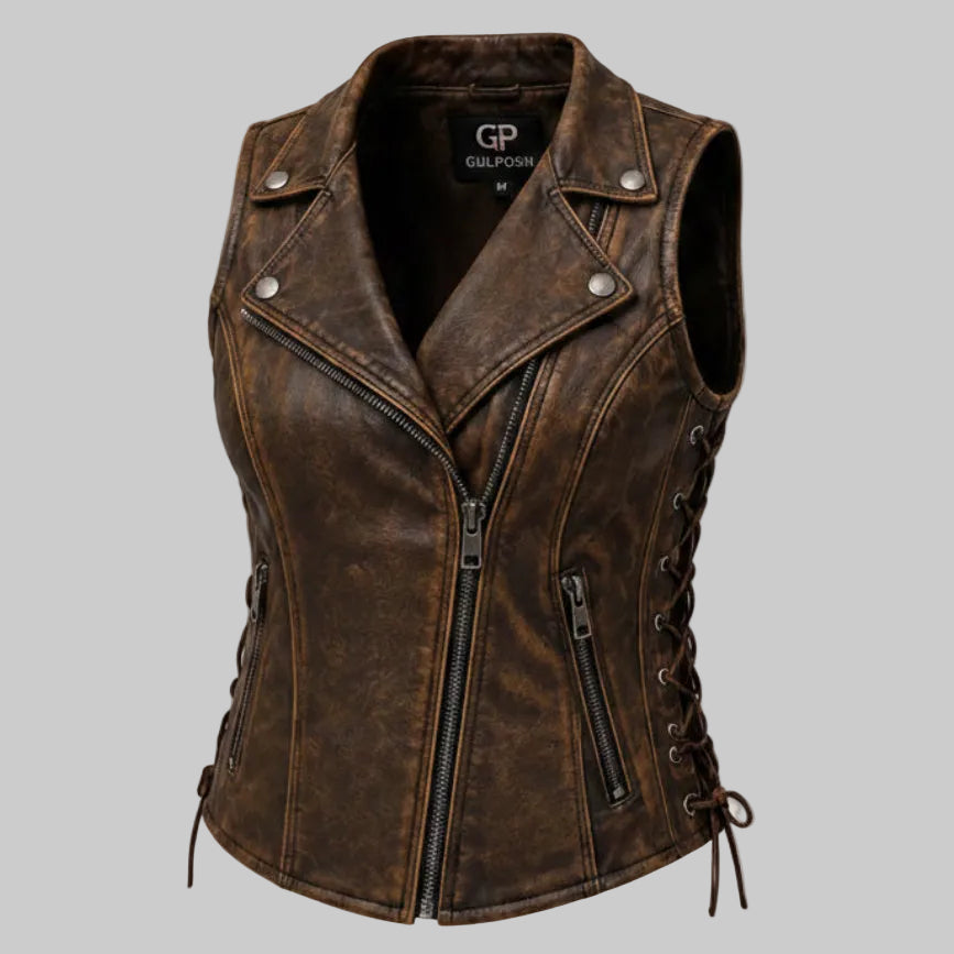 Gulposh Women's Distressed Vintage Brown Leather Biker Vest