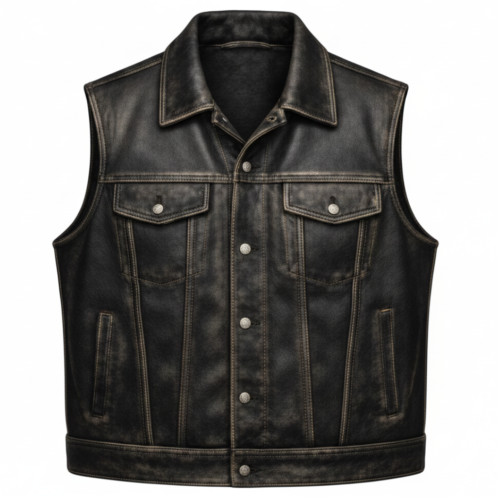 Men's Distressed Black Leather Riding Vest (Denim-Style Seaming with Shirt Collar)