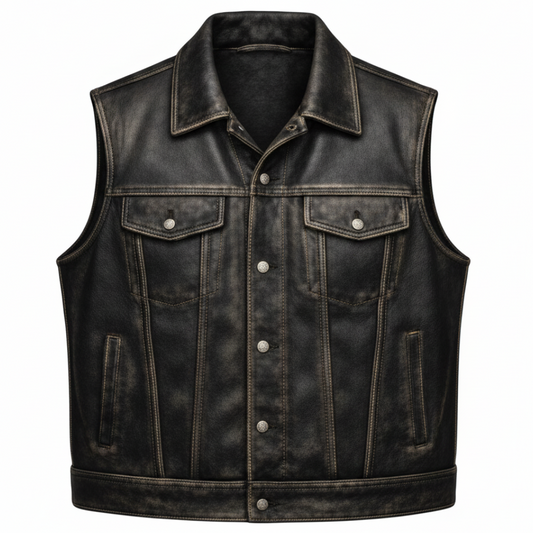 Men's Distressed Black Leather Riding Vest (Denim-Style Seaming with Shirt Collar)