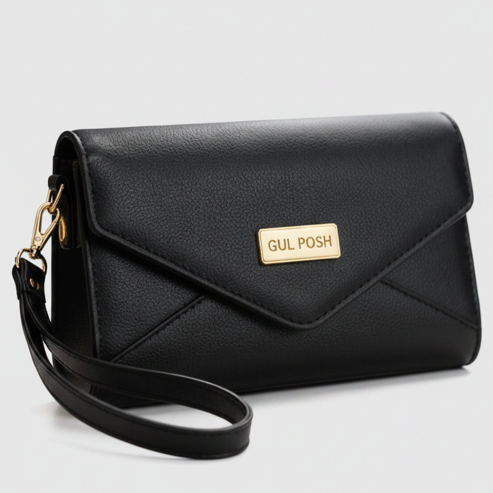 GUL POSH Black Envelope Flap Wristlet Clutch / Wallet