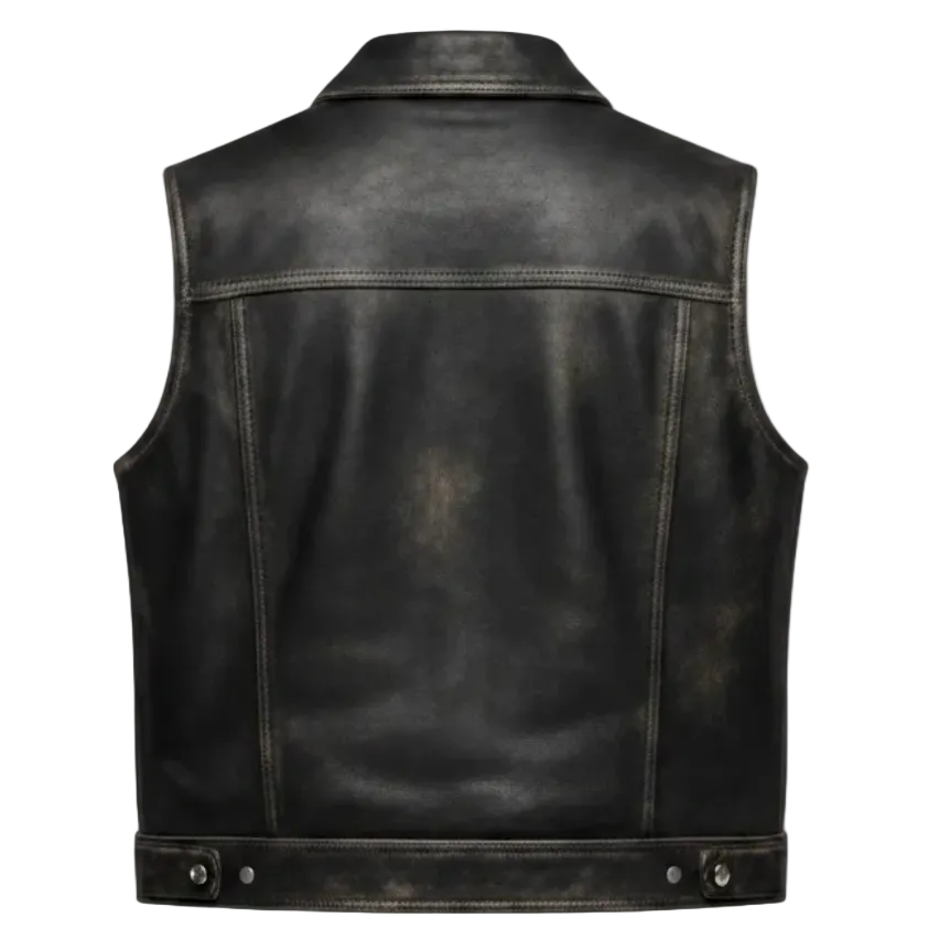 Men's Distressed Black Leather Riding Vest (Denim-Style Seaming with Shirt Collar)