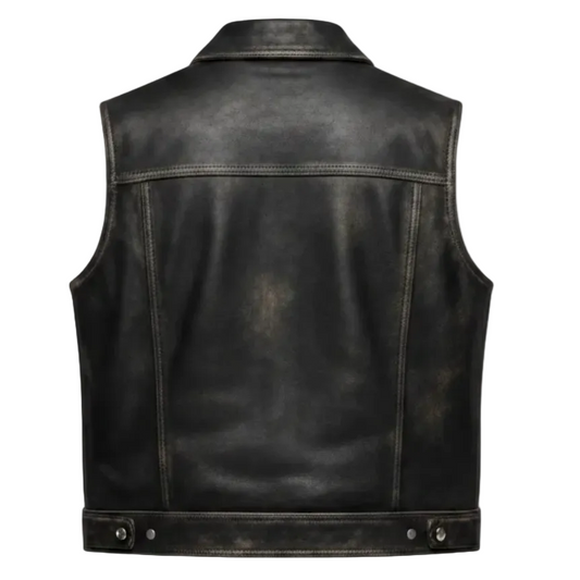 Men's Distressed Black Leather Riding Vest (Denim-Style Seaming with Shirt Collar)