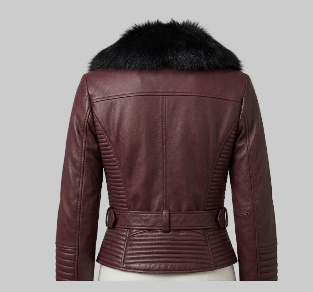 Women's Burgundy Leather Biker Jacket with Faux Fur Collar