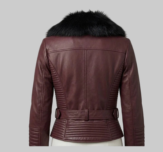 Women's Burgundy Leather Biker Jacket with Faux Fur Collar