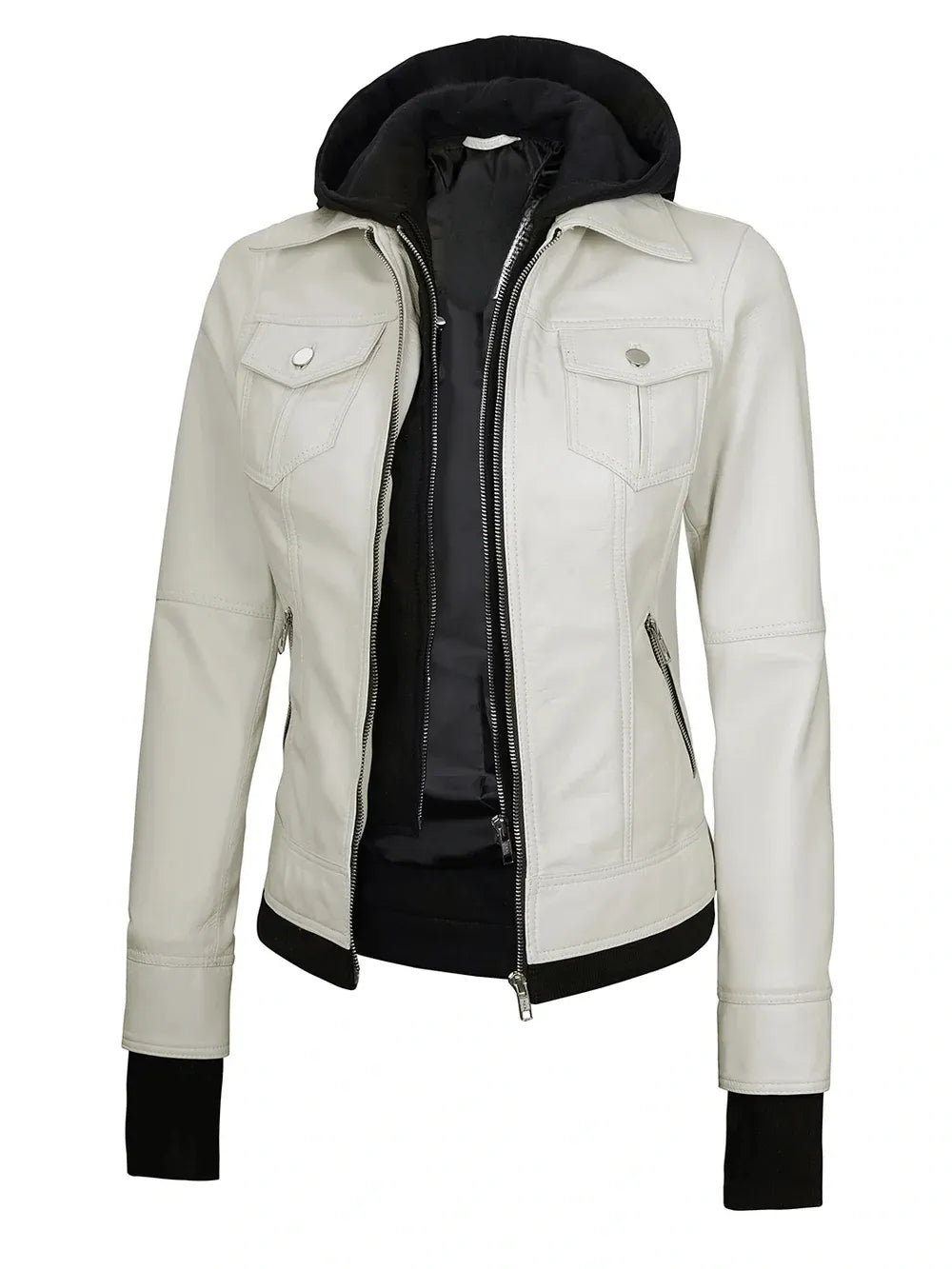 Women's Casual Zip-Style Hooded Leather Jacket
