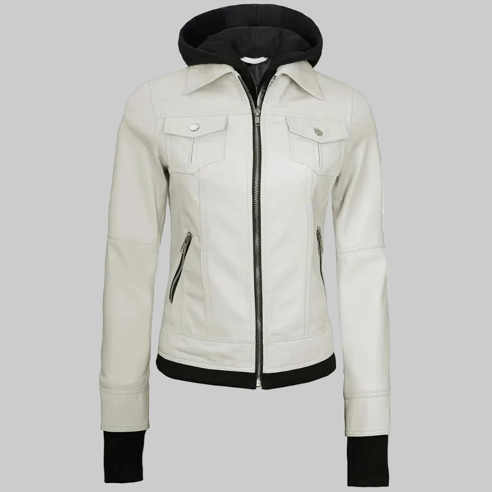Women's Casual Zip-Style Hooded Leather Jacket