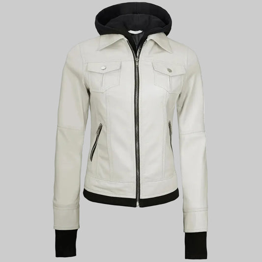 Women's Casual Zip-Style Hooded Leather Jacket