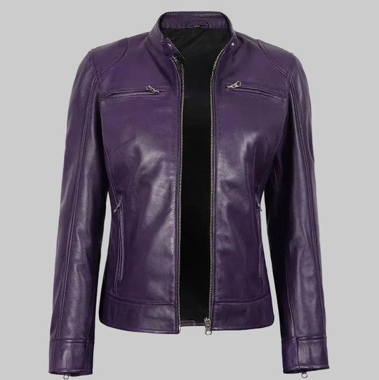 Women's Slim-Fit Purple Leather Moto Jacket.