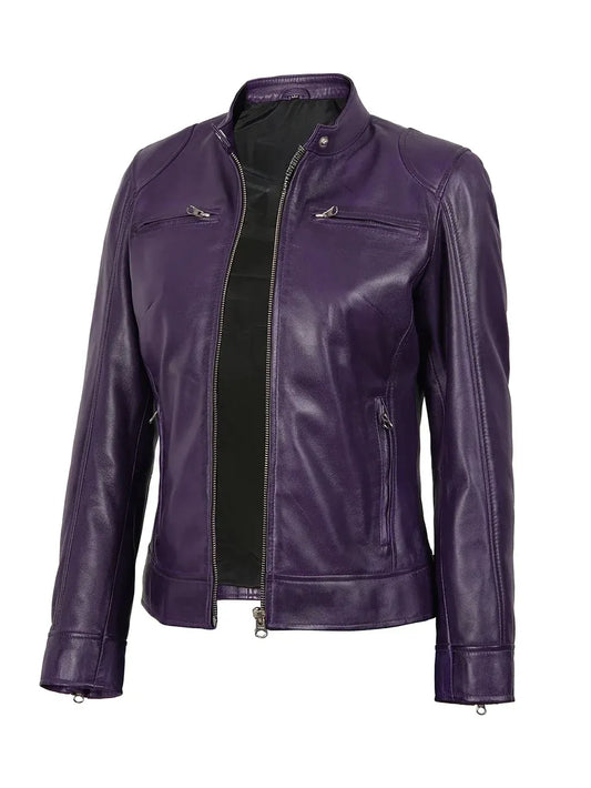 Women's Slim-Fit Purple Leather Moto Jacket.