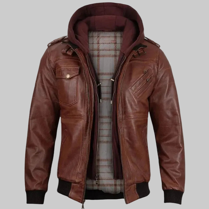 Menâ€™s Brown Leather Bomber Jacket with a Removable Hood.