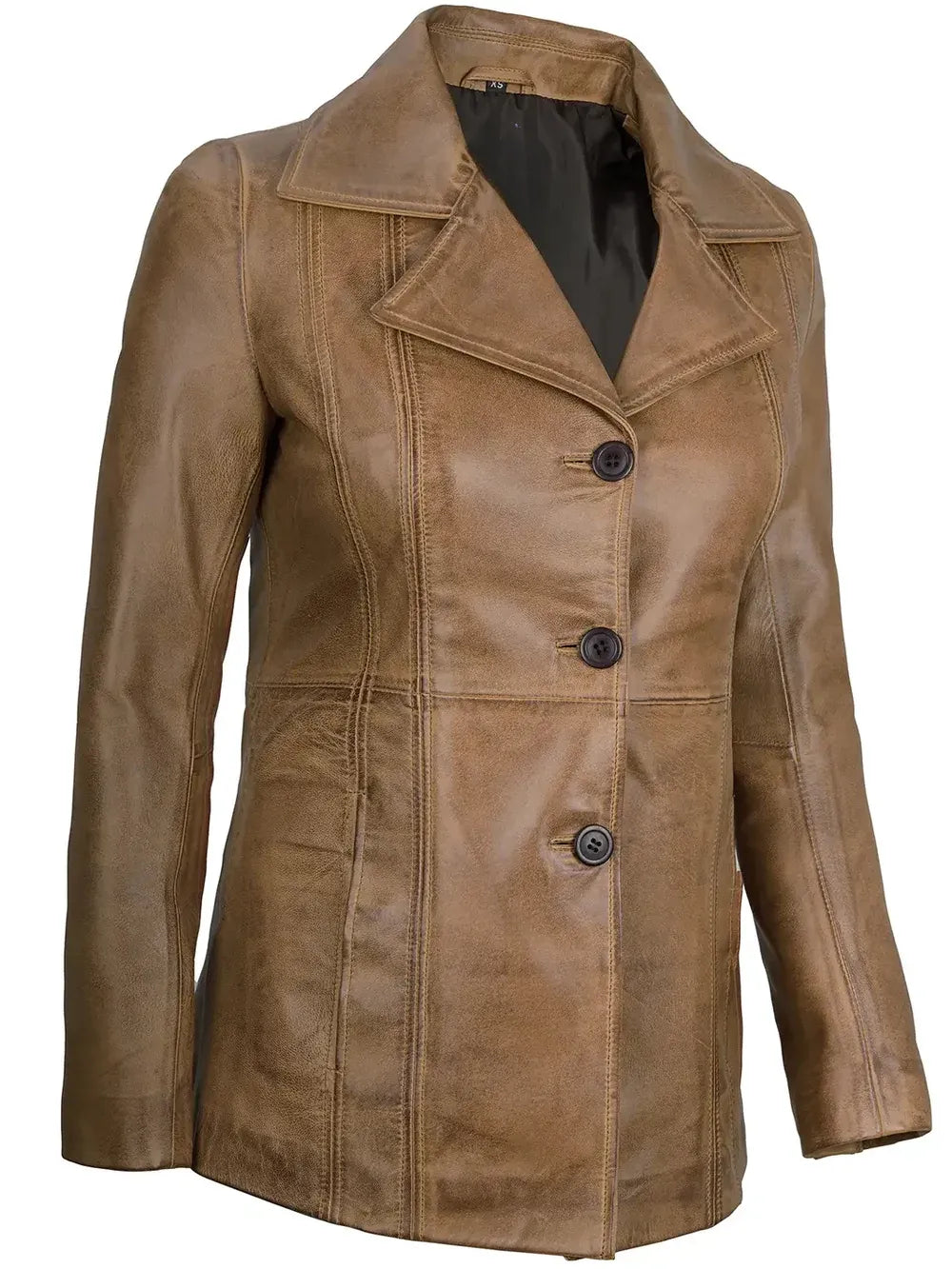 Women's Three-Button Camel Leather Blazer.