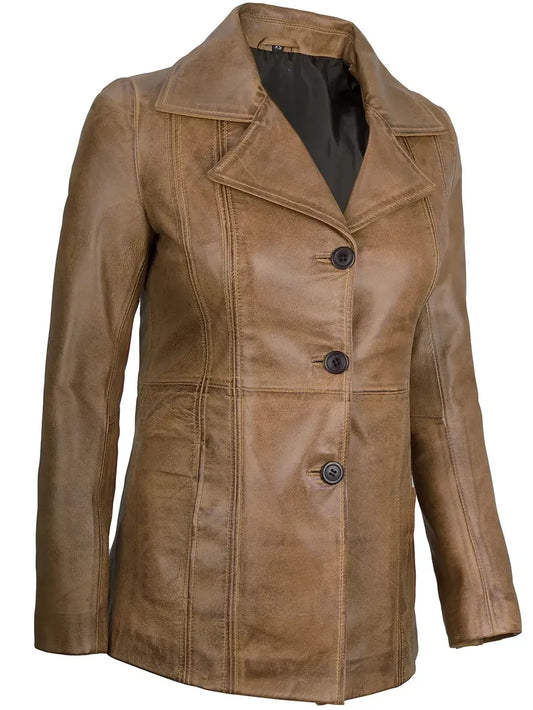 Women's Three-Button Camel Leather Blazer.