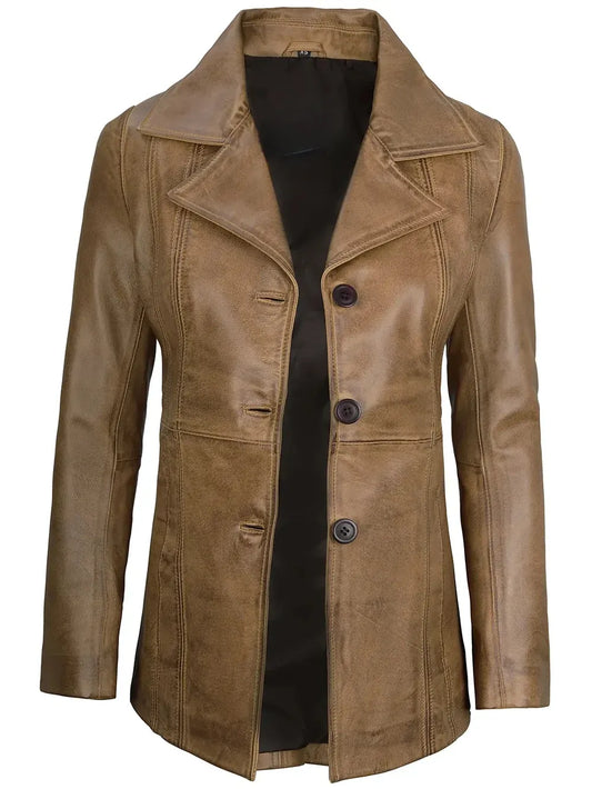 Women's Three-Button Camel Leather Blazer.