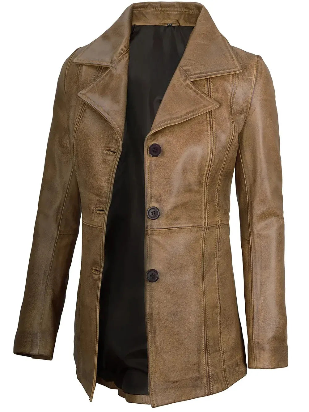 Women's Three-Button Camel Leather Blazer.
